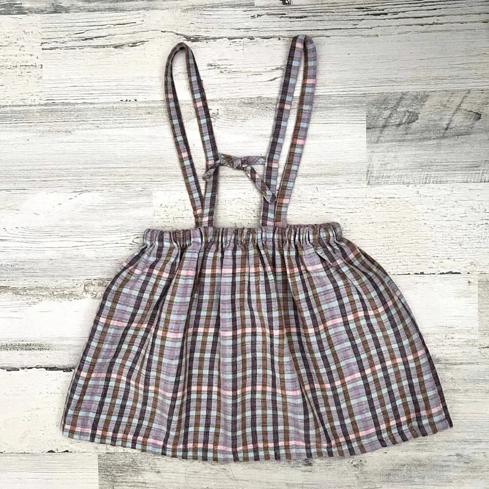 🌻3/$25 Zara Kids Suspender Skirt Girls 3-4 Plaid Button Strap Cotton Blend Woven